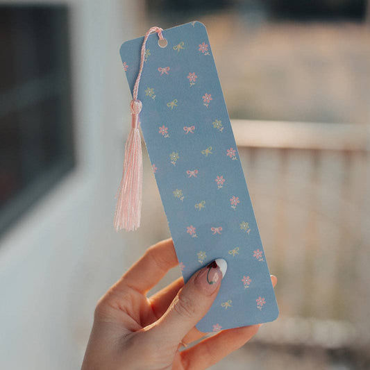 Bookmark With Tassel Blue Spring Floral Bows