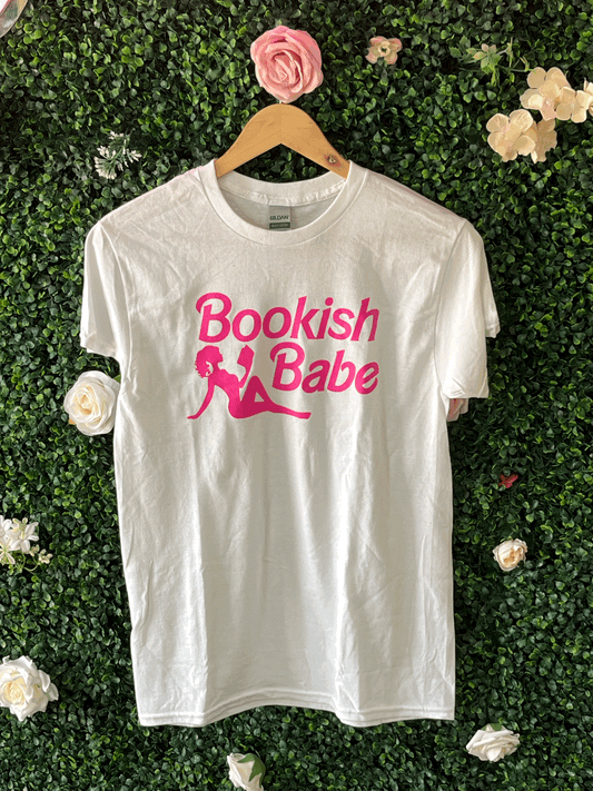 Bookish Babe T-Shirt (White Base with Wavy Ponytail)