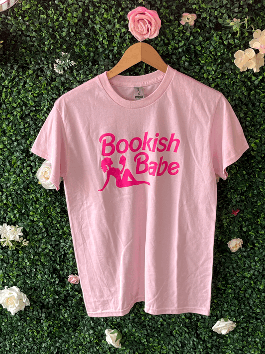 Bookish Babe T-Shirt (Pink Base w/ Wavy Hair)