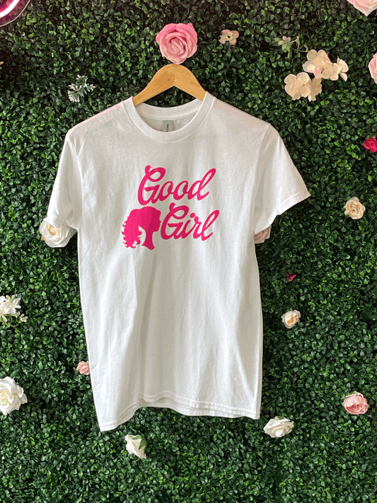 Good Girl T-Shirt (White Base w/ Wavy Ponytail)